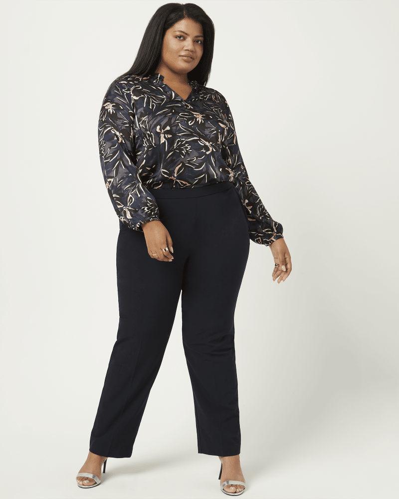 Front of a model wearing a size 16 Sawyer Flare Leg Pant in Navy by BRIGGS. | dia_product_style_image_id:210685